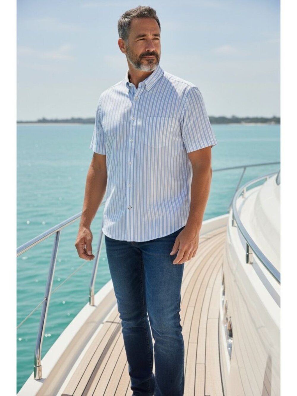 Stafford Signature Mens Medium Blue White Striped Short-Sleeve Shirt Cotton NEW